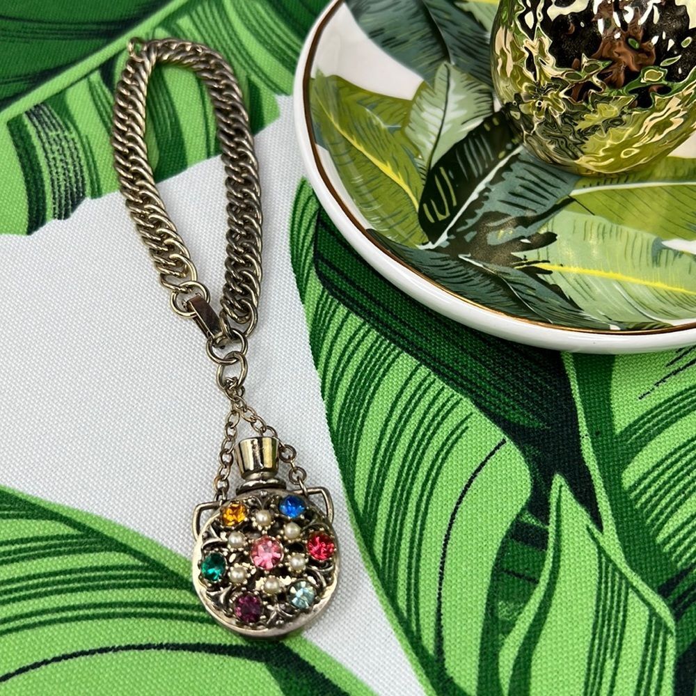 Vintage Gold Link Bracelet With Multi-Color Gem Perfume Holder Charm